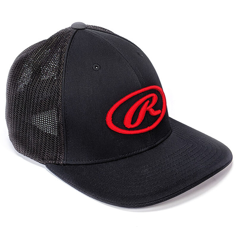 Front of Rawlings Black Oval-R Mesh Trucker Hat - SKU #RWCBH
