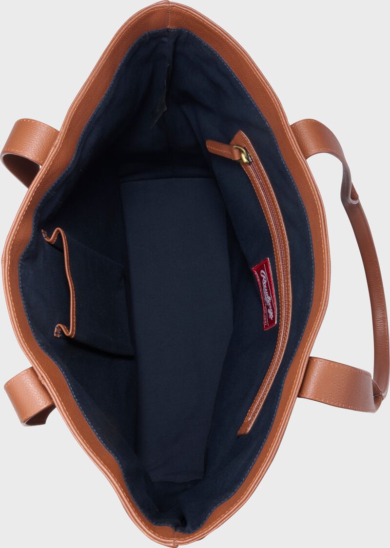 Inside view of a tan Rawlings Strike Out Tote bag loading=