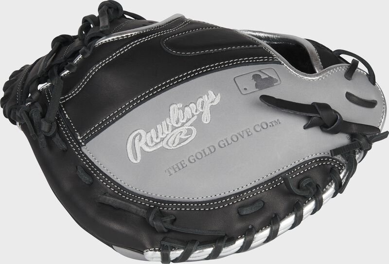 Black/gray back of a 32-Inch Rawlings Encore catcher's mitt with the MLB logo on the pinky - SKU: ECCM32-23B loading=