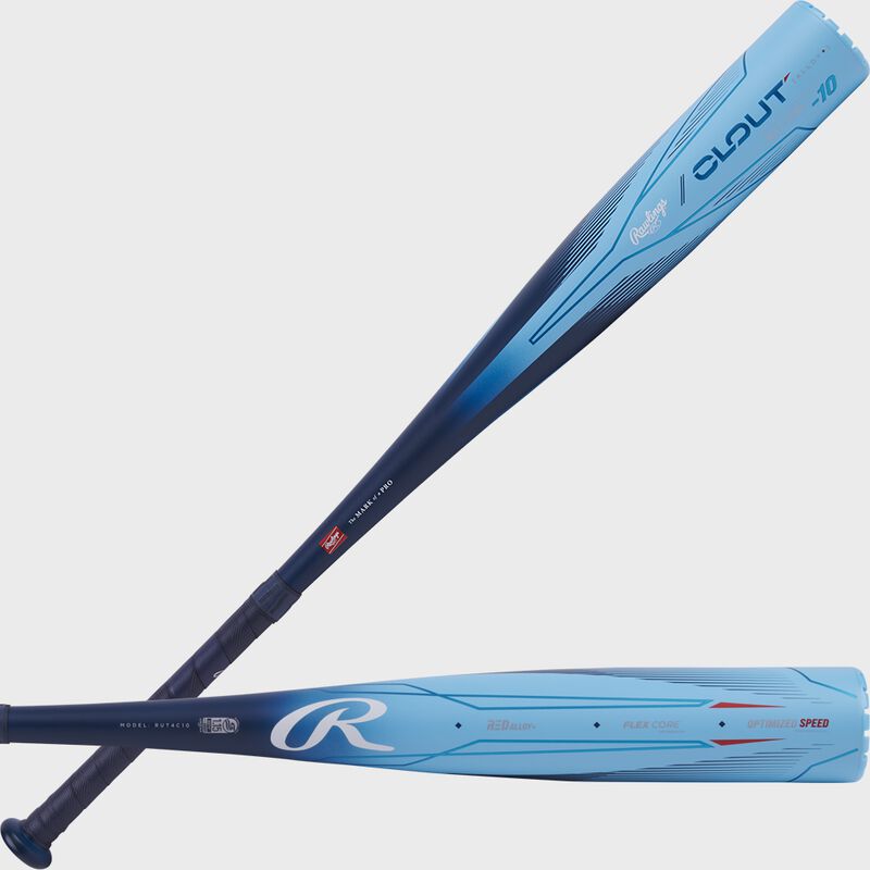2 views of a Rawlings Clout AI USSSA bat showing both sides of the barrel - SKU: RUT4C10