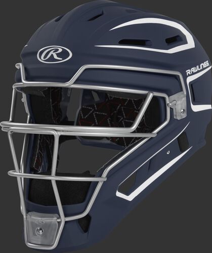 A navy/white CHV27J Junior Rawlings Velo 2.0 catcher's helmet