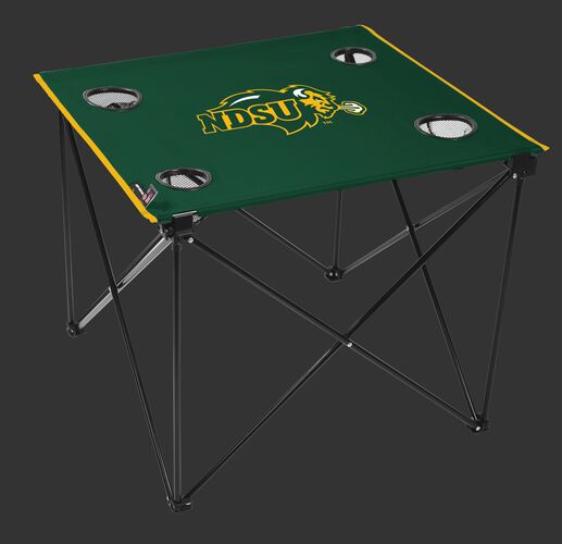 A green NCAA North Dakota State Bison deluxe tailgate table with four cup holders and team logo printed in the middle SKU #00713158111