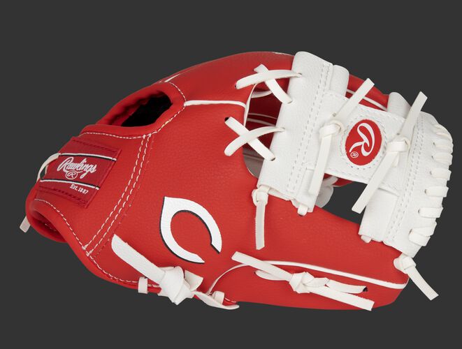 Thumb of a red/white Cincinnati Reds 10-inch team logo glove with a white I-web and Reds logo on the thumb - SKU: 22000023111