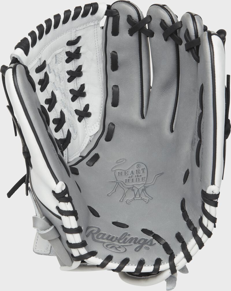 Shell palm view of grey and white 12.5-inch Rawlings Heart of the Hide fastpitch softball glove