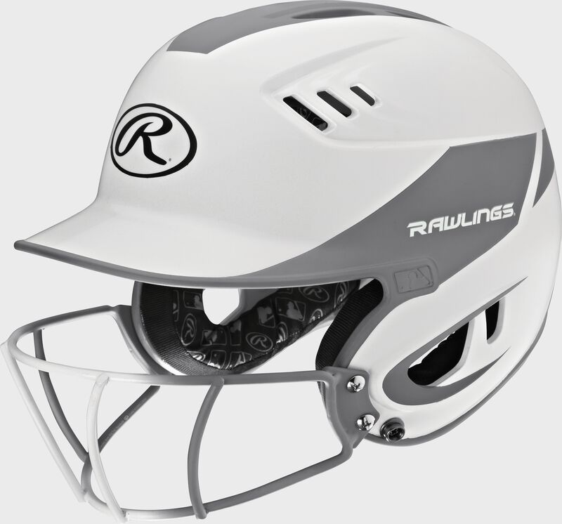 A white/silver R16H2FGS Velo junior batting helmet with a white/silver facemask