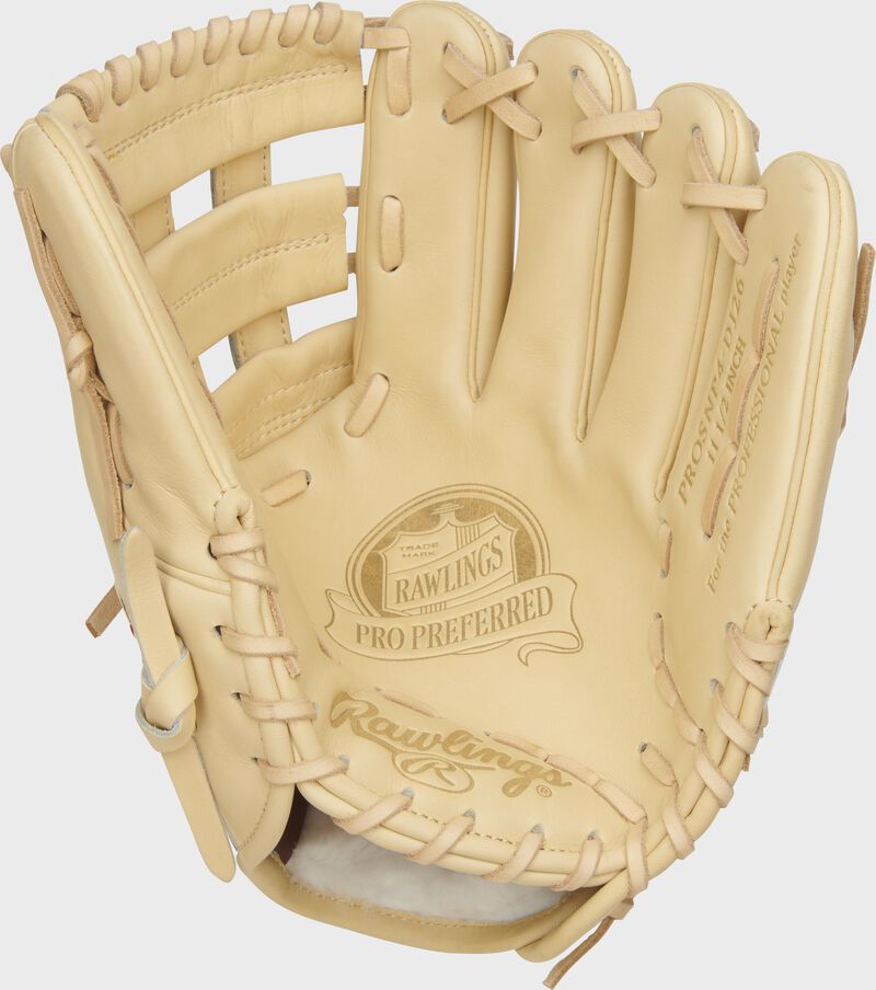Camel palm of a DJ LeMahieu Pro Preferred glove with a camel web and laces - SKU: PROSNP4-DJ26