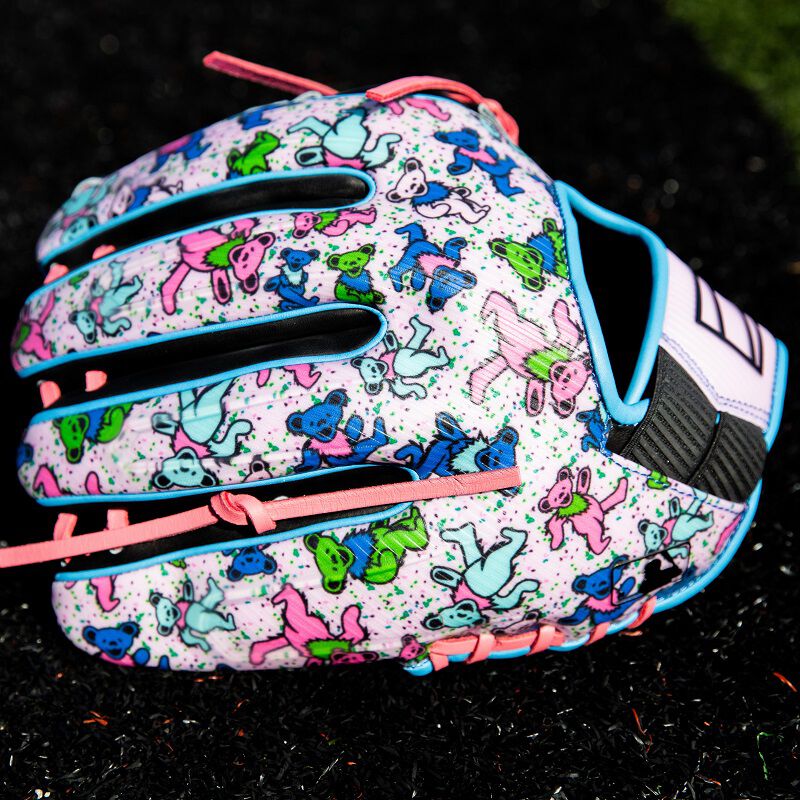 Studio picture of the back of a Rawlings Grateful Dead REV1X infield glove