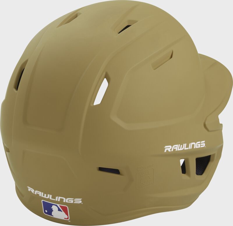 Back right of a one-tone matte Vegas gold MACH Rawlings batting helmet