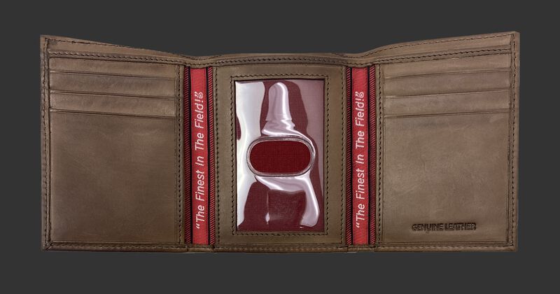 Inside of a brown Rawlings Play Ball tri-fold wallet with multiple credit card slots and clear ID window - SKU: MW479-200
