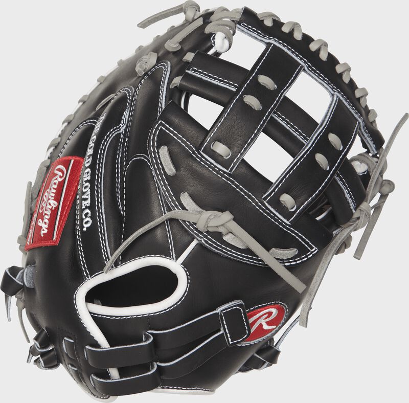 Shell back view of black Heart of the Hide 33-in Fastpitch Catchers Mitt