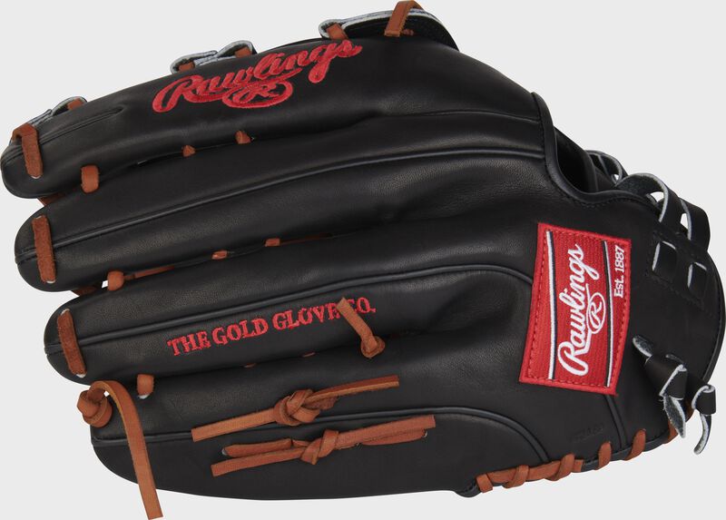 Back of a black Rawlings Heart of the Hide slowpitch 14" glove with a red Rawlings patch - SKU: RPRO140SP-6B