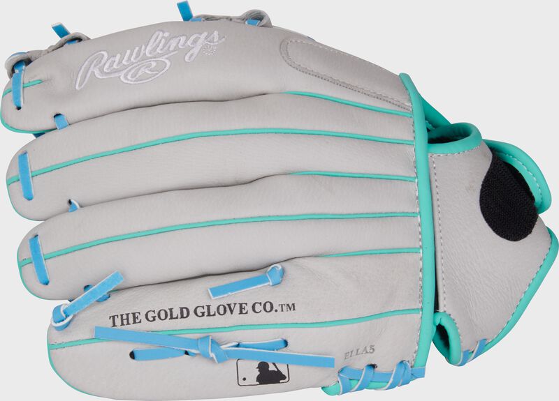 Gray back of a Rawlings Sure Catch Francisco Lindor glove with the MLB logo on the pinky