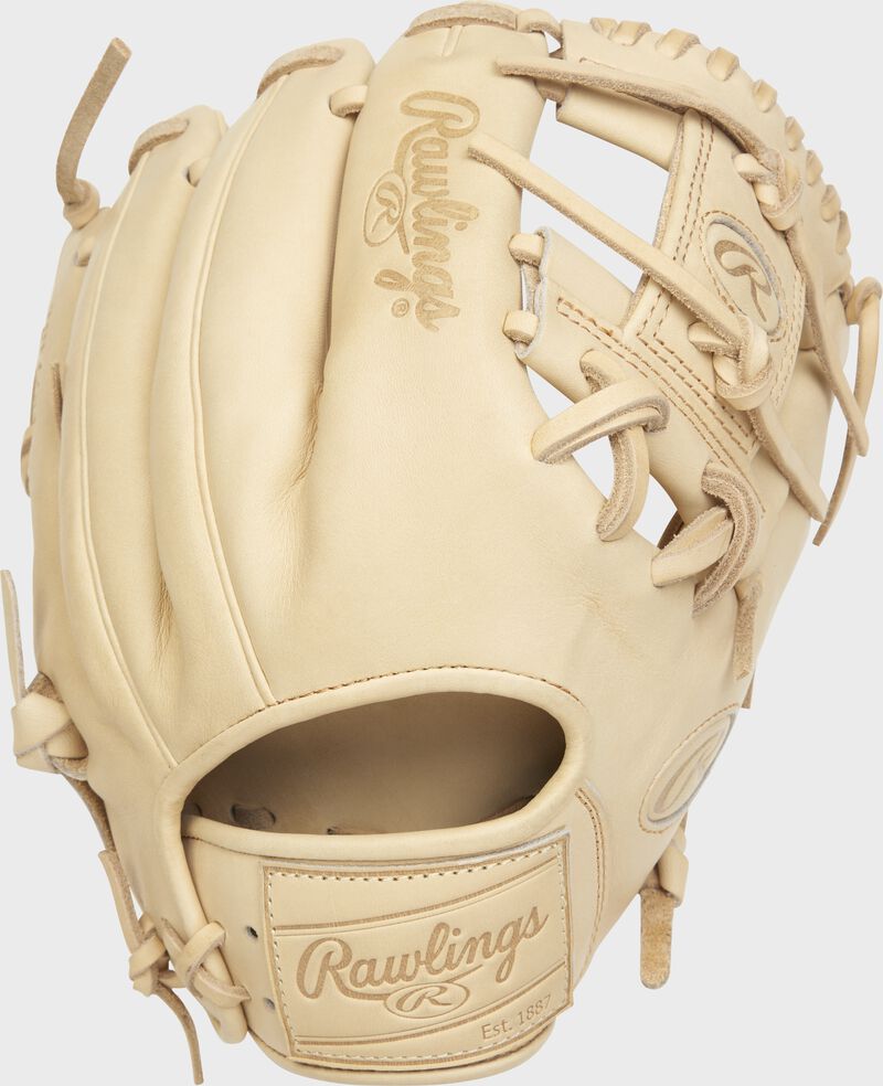 Back of a Camel Heart of the Hide 11.5" I-web glove with a Camel leather Rawlings patch - SKU: PRO204-2C