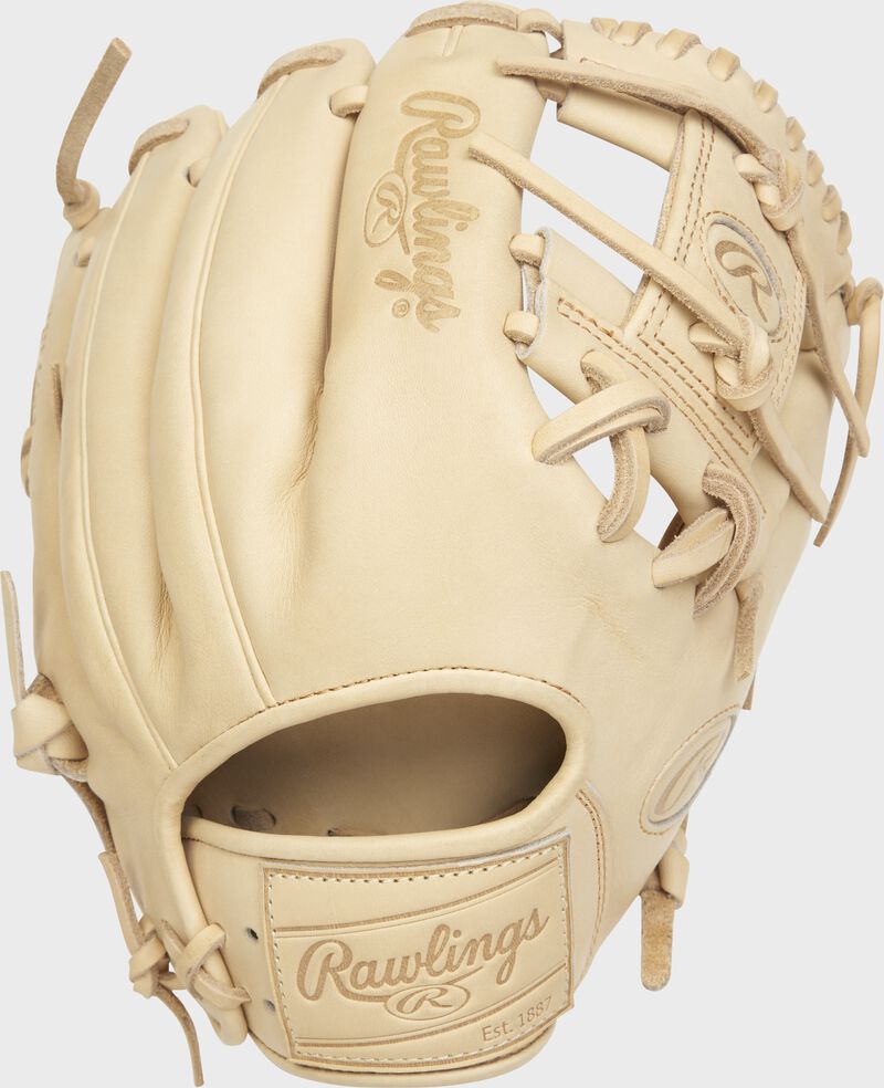 Back of a Camel Heart of the Hide 11.5" I-web glove with a Camel leather Rawlings patch - SKU: PRO204-2C loading=