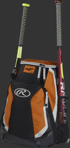 Left side of a black/orange R500 baseball backpack with a red bat in the side sleeve