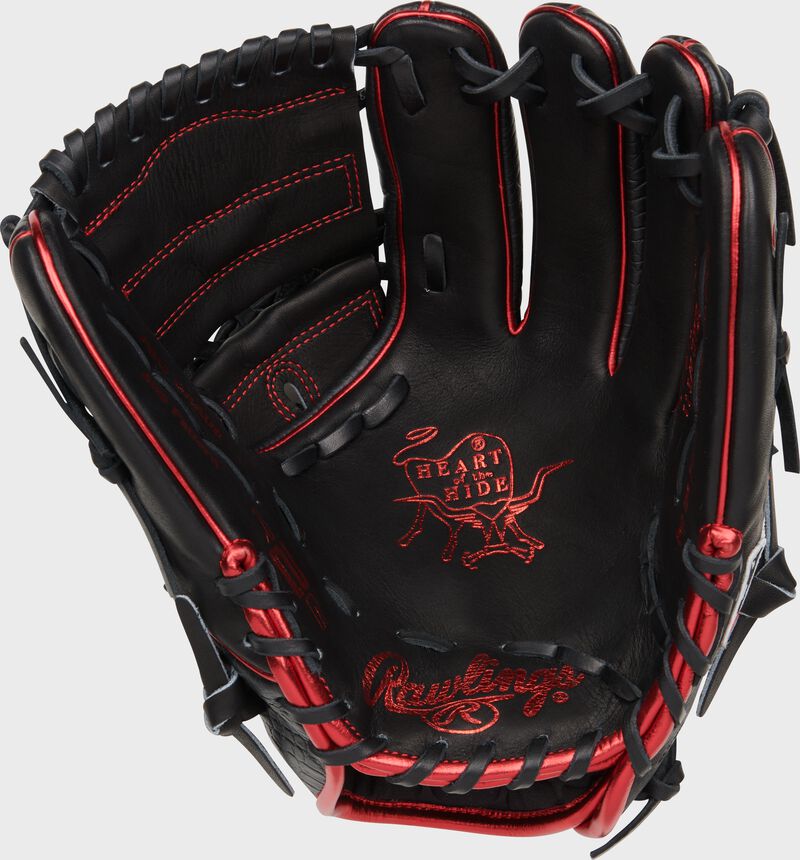 Black palm of a Rawlings Heart of the Hide R2G infield/pitcher's glove with red stamping and black laces - SKU: RPROR205-9BCS