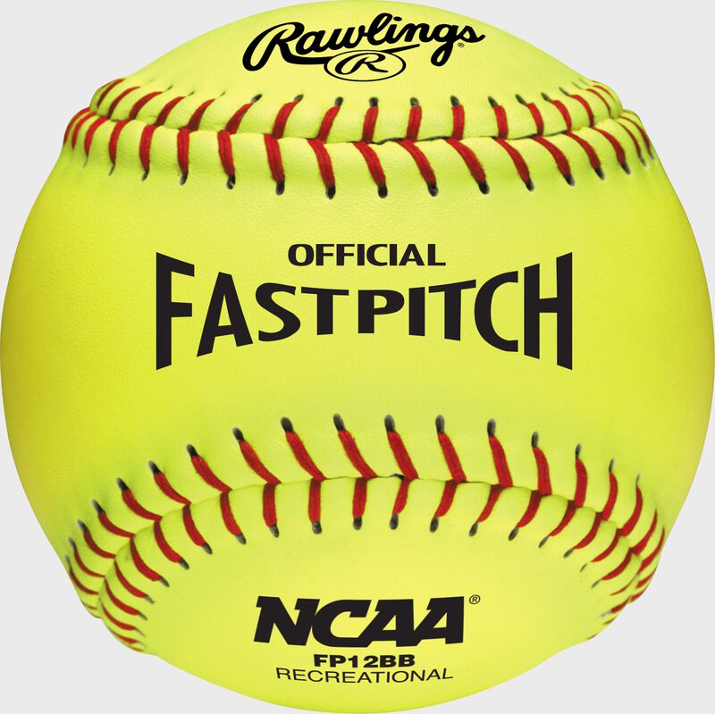 A yellow Rawlings 12-Inch NCAA recreational fastpitch softball