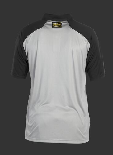 Back of a gray ColorSync polo with black sleeves and a black/gold Rawlings patch on the back neckline - SKU: CSP-BG/B
