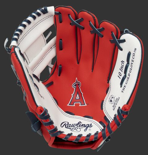 A red Rawlings Los Angeles Angels glove with the Angels logo stamped in the palm - SKU: 22000001111