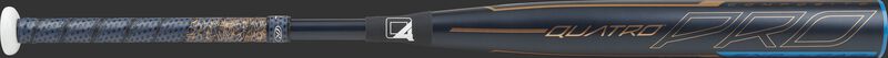 Barrel of a navy FPPE9 Rawlings Quatro Pro end-loaded softball bat with rose gold accents