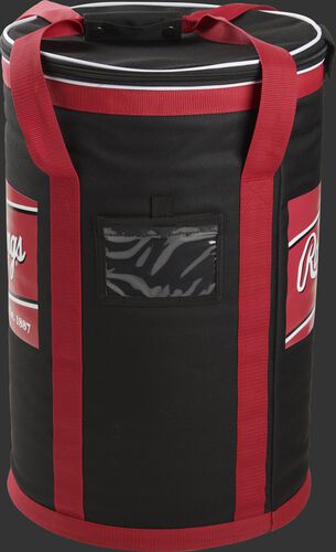 Side of a black Rawlings soft baseball bag with red straps and a clear ID window - SKU: RSSBB-B