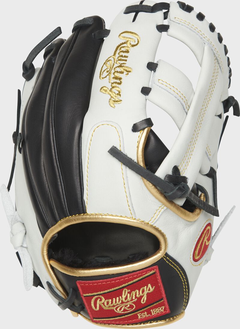 Shell back view of white and black Rawlings Encore 11.25-Inch Infield Glove loading=
