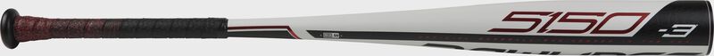 Barrel view of a BB953 5150 College/high school one-piece alloy bat with a white barrel and black/red accents