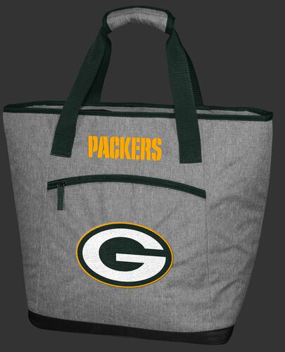 A gray Green Bay Packers 30 can tote cooler with an embroidered team logo on the front - SKU: 10311068111