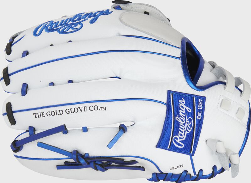 White Speed Shell back of a Liberty Advanced 13" outfield glove with a royal Rawlings patch - SKU: RLA130-6WSS