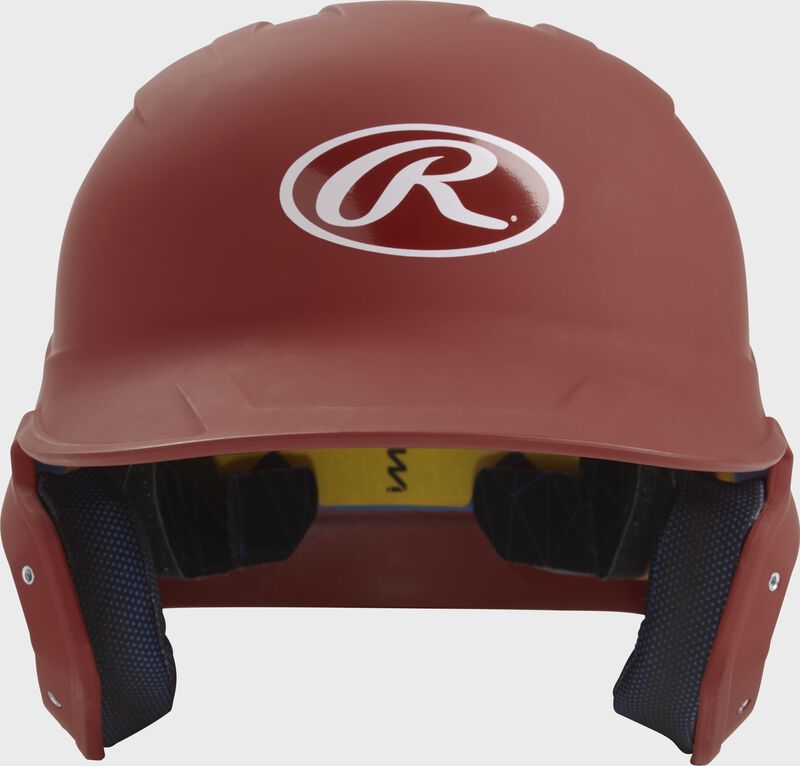 Front of a matte cardinal MACH junior size batting helmet