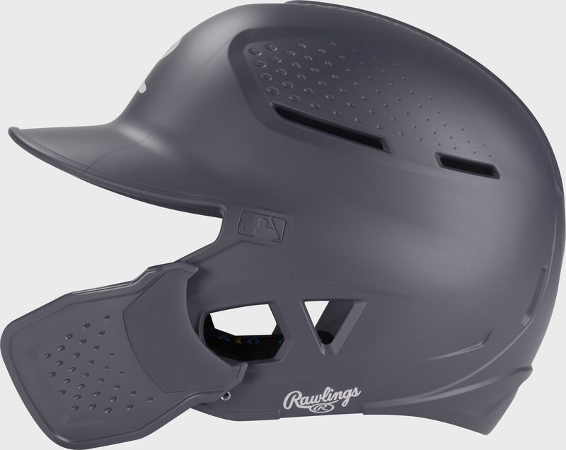 Left side of a graphite Rawlings RX2 Reverse batting helmet