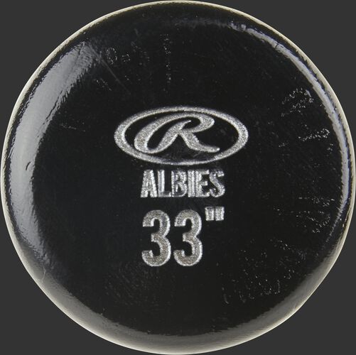 Black knob of an OA1PL Rawlings Ozzie Albies wood bat
