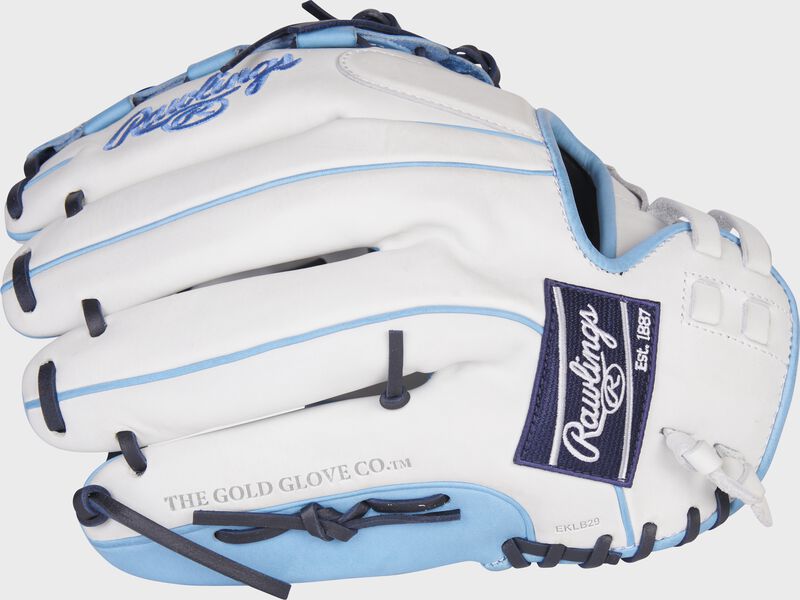 Back of a white/Columbia Blue Liberty Advanced Color Series 12.5-Inch fastpitch glove with a navy Rawlings patch - SKU: RLA125-18WCBN