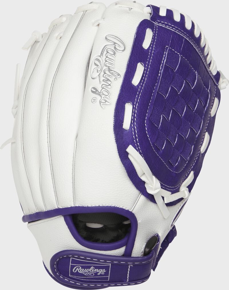 Back of a white 11.5-Inch Basket Web fastpitch softball glove with a purple wrist strap - SKU: ACAFP115PURW