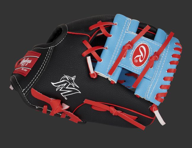 A black/light blue Miami Marlins 10-inch team logo glove with a light blue I-web and Marlins logo on the thumb - SKU: 22000016111