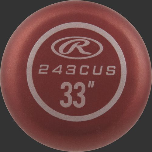 Scarlet knob of a Rawlings wood composite Big Stick Elite bat with a white Oval-R and 33" size - SKU: 243CUS