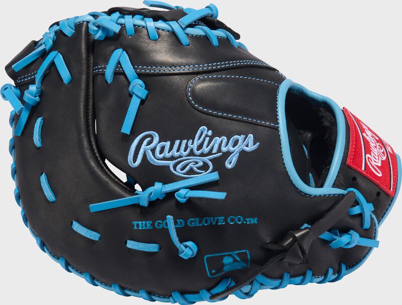 Black back of a R9 Series 13-Inch 1st Base Mitt with the MLB logo on the pinky loading=