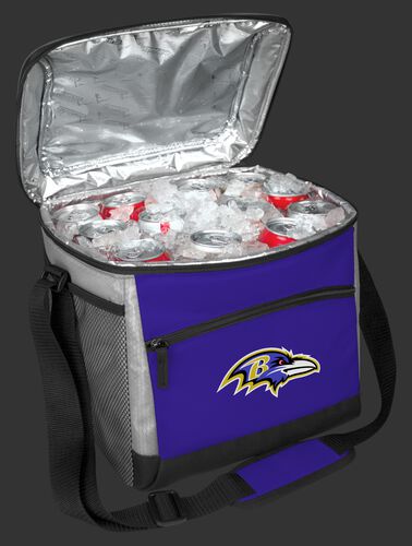 An open Baltimore Ravens 24 can cooler filled with ice and drinks - SKU: 10211092111