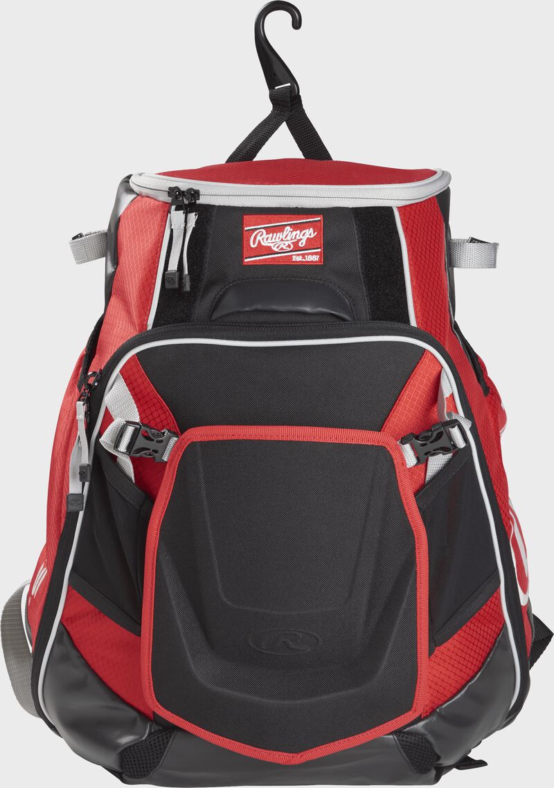 A scarlet VELOBK Rawlings Velo bag with a hook to hang it on the fence