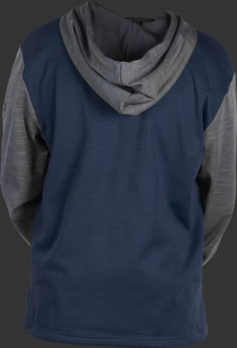 Back of a navy fleece hoodie with gray sleeves and hood - SKU: PFH2PRBB-N/GR