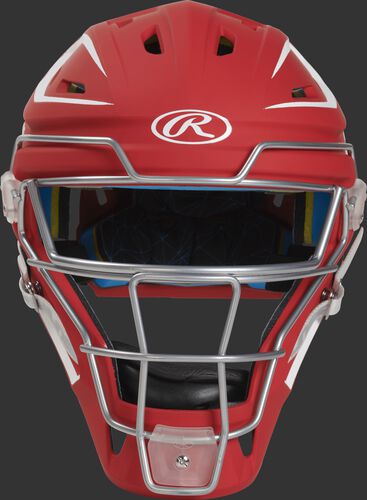 Front of a scarlet CHMCHS Mach hockey-style senior catcher's helmet