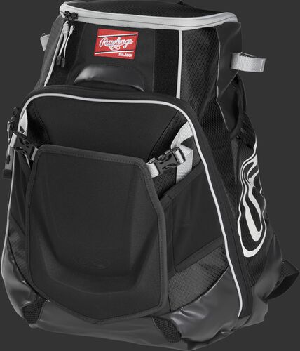 Front left of a black VELOBK Rawlings Velo equipment backpack with an Oval R logo on the side compartment