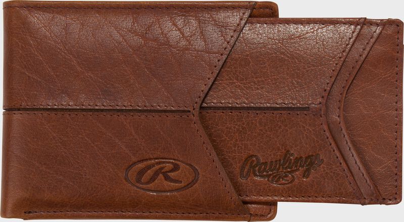 A tan Rawlings Home Run bi-fold wallet with the extra panel slid in
