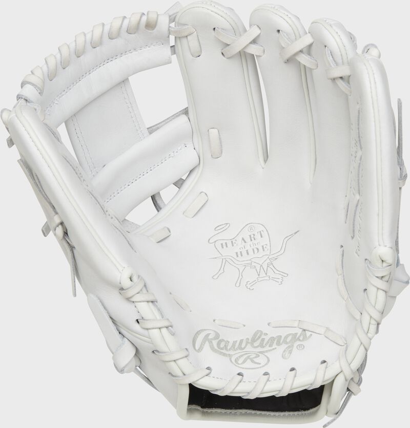 Palm of a white Rawlings Heart of the Hide glove with white laces - SKU: PRO204-2W