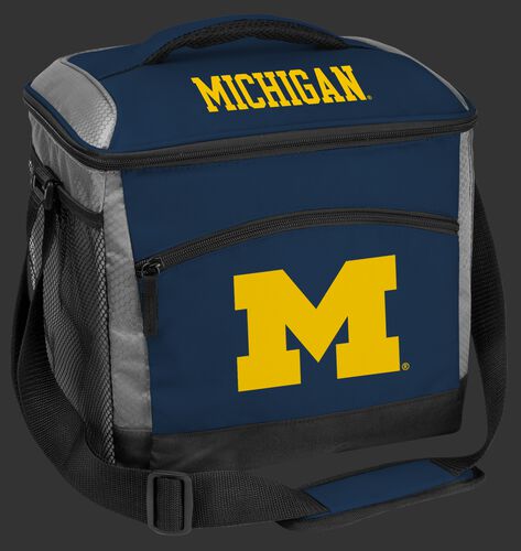 A navy Michigan Wolverines 24 can soft sided cooler with screen printed team logos - SKU: 10223083111