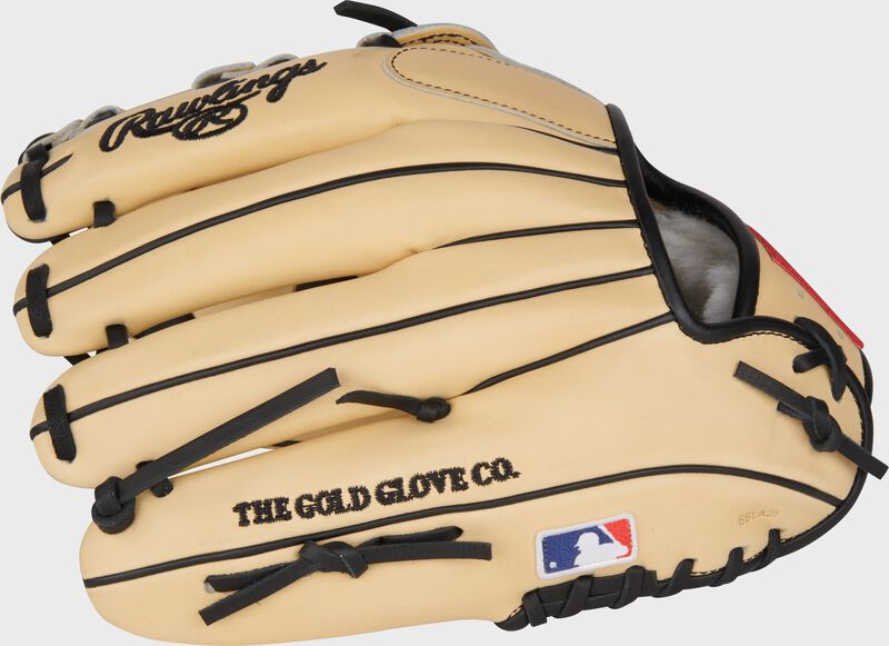 Camel back of a Manny Machado Pro Preferred infield glove with the MLB logo on the pinky  - SKU: PROSNP6-MM13