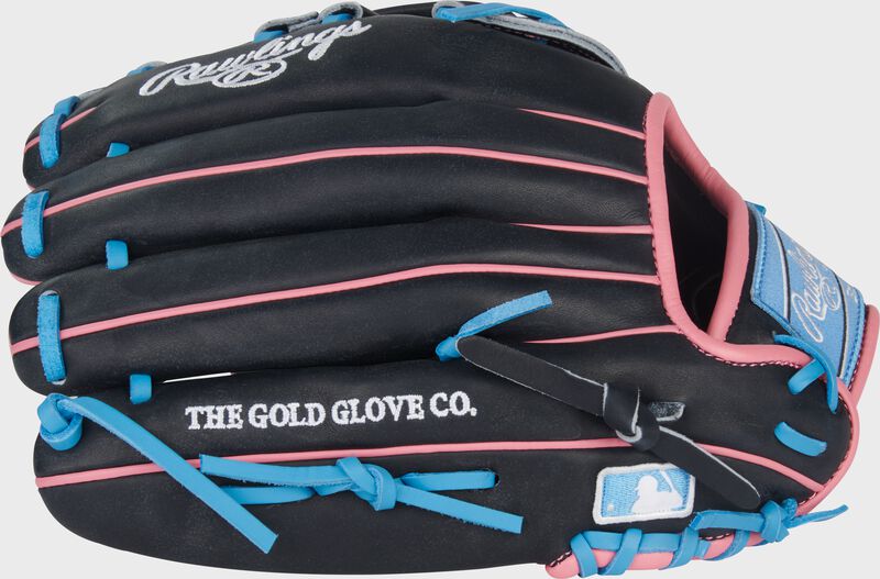 Back of a black Heart of the Hide ContoUR Fit 12.5-Inch Baseball Glove with the MLB logo on the pinky