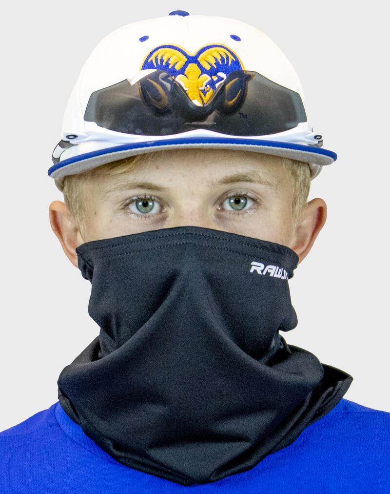 A player wearing a Rawlings protective neck gaiter over his mouth and nose - SKU: RMSKNG-BLK