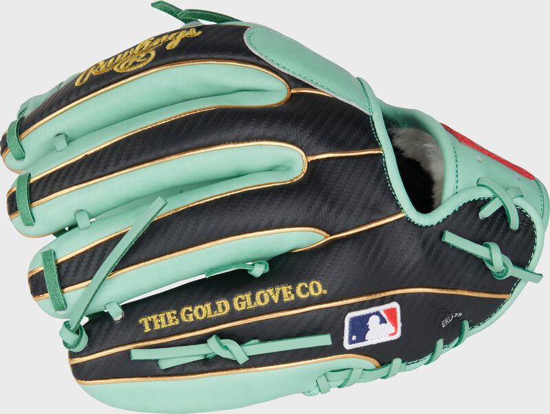 Back of a Rawlings Gameday 57 Kolten Wong infield glove with the MLB logo on the pinky - SKU: PROS314-30KW loading=