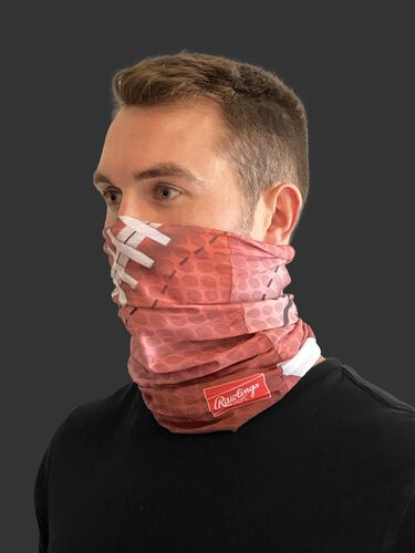 Side view of a guy wearing a Rawlings adult multi-functional head and face gear cover over his mouth & nose - SKU: RC40006-200